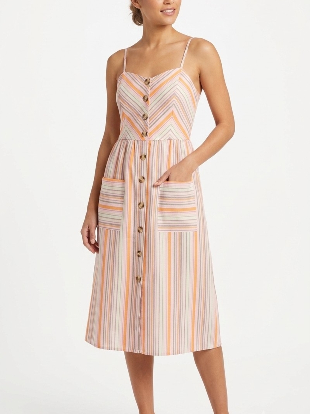Chevron Striped Spaghetti-Strap Button-Front Midi Dress - Pink & Orange Small